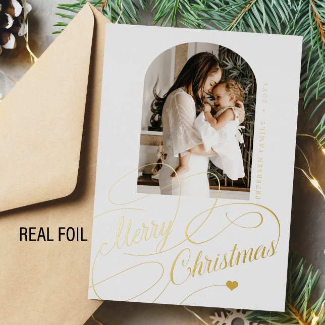 Merry Christmas arch photo real gold Foil Holiday Card (Creator Uploaded)