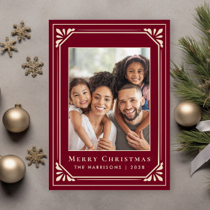 Merry Christmas Art Deco Ivory Burgundy Photo  Holiday Card