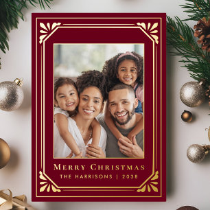 Merry Christmas Art Deco Photo Burgundy Red Gold Foil Holiday Card