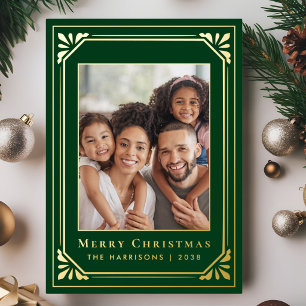 Merry Christmas Art Deco Photo Green Gold Foil Holiday Card