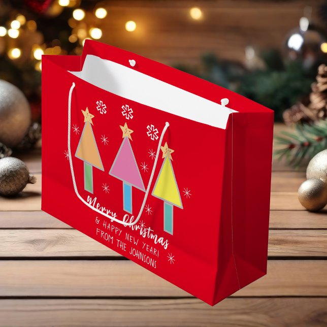 Merry Christmas Art Family Name Modern Cool Cute  Large Gift Bag (Customized 'Merry Christmas' & 'Happy New Year' large red gift bag.)