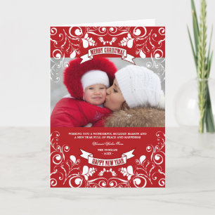 Merry Christmas Art Nouveau Floral Flourish Photo Holiday Card