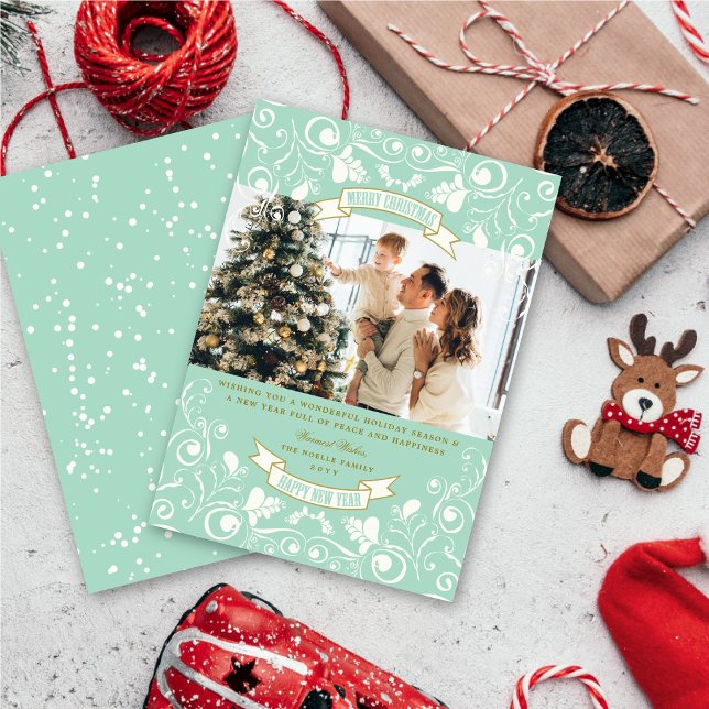 Merry Christmas Art Nouveau Floral Flourish Photo Holiday Card (Creator Uploaded)