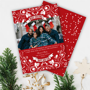 Merry Christmas Art Nouveau Floral Flourish Photo Holiday Card