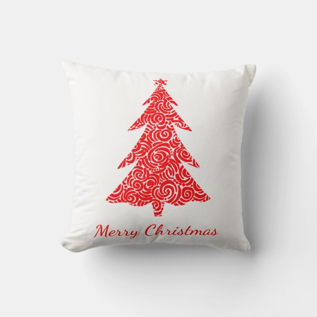 Merry Christmas, artistic red swirls tree, w/ star Cushion (Front)