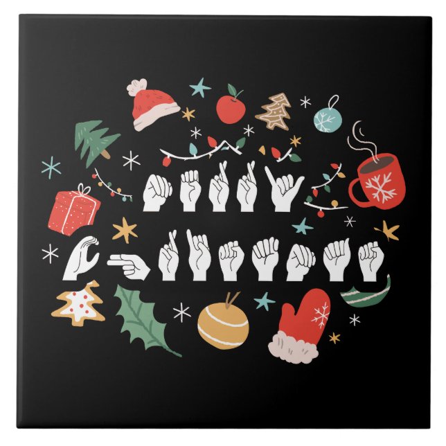 Merry Christmas - ASL American Sign Language III Ceramic Tile (Front)