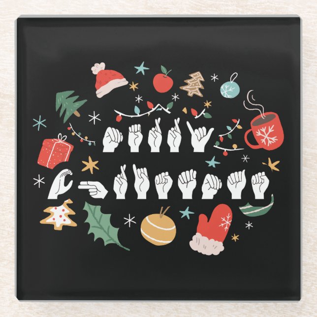 Merry Christmas - ASL American Sign Language III Glass Coaster (Front)