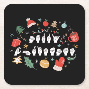 Merry Christmas - ASL American Sign Language III Square Paper Coaster