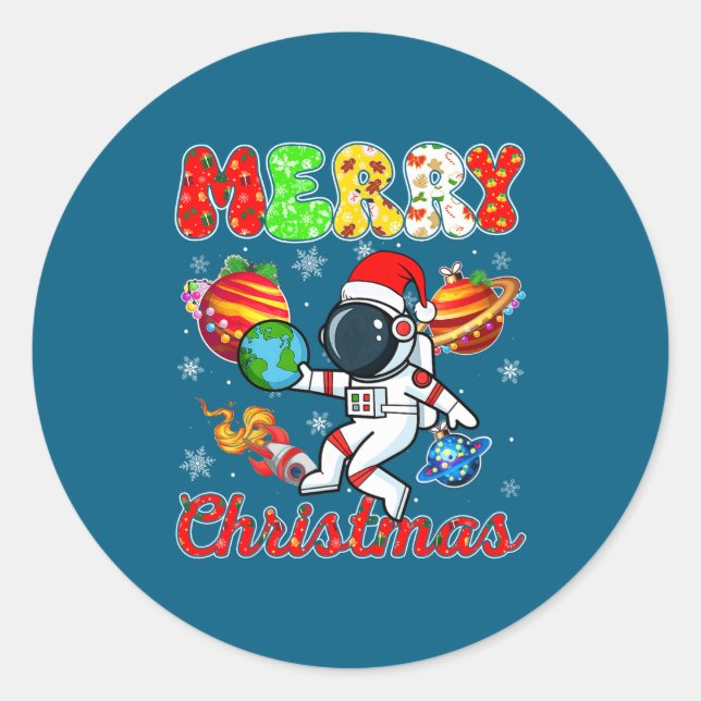 Merry Christmas Astronaut Santa Hat Snowflakes Tre Classic Round Sticker (Front)