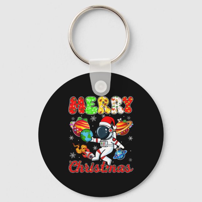 Merry Christmas Astronaut Santa Hat Snowflakes Tre Key Ring (Front)