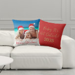Merry Christmas Australian Family Photo Red Cushion<br><div class="desc">A double sided throw pillow featuring a photo of your choice on the front. With seasonal gold script on the back. To change the text and photo click on the personalise button.</div>