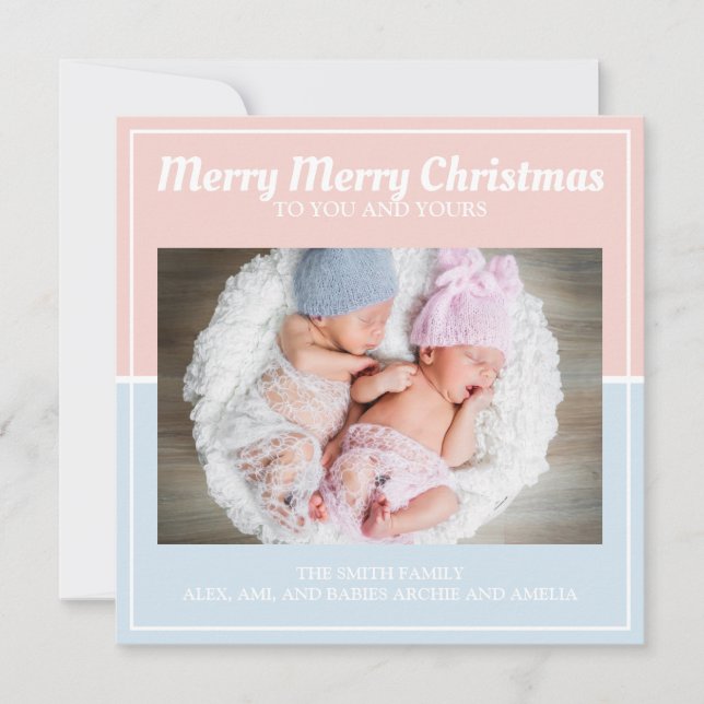 Merry Christmas Baby Blue Pink Boy Girl Twins Holiday Card (Front)