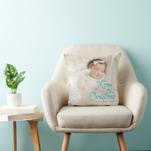 Merry Christmas Baby Photo Blue Cushion