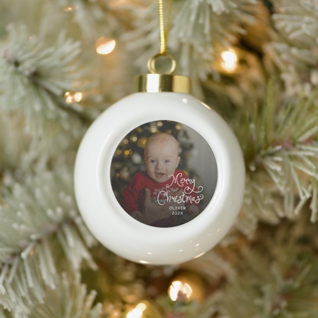 Merry Christmas Baby Photo Ceramic Ball Christmas Ornament (Tree)