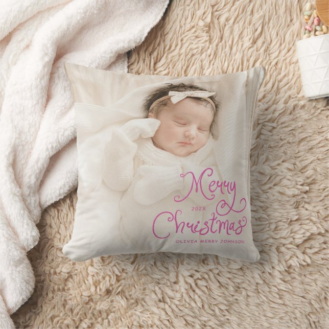 Merry Christmas Baby Photo Pink Cushion (Blanket)