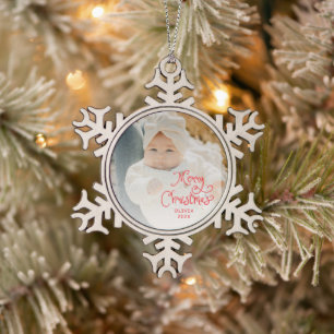 Merry Christmas Baby Photo Snowflake Pewter Christmas Ornament