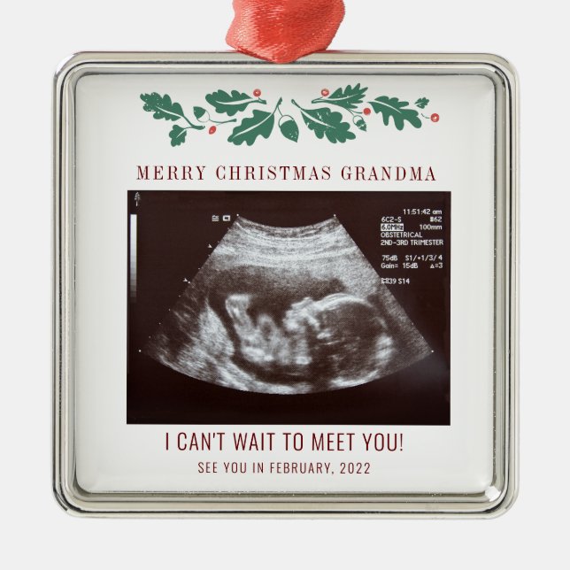 Merry Christmas Baby Ultrasound Grandma Holiday Metal Ornament (Front)
