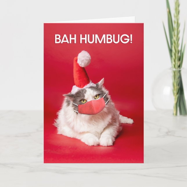 Merry Christmas Bah Humbug Cat in Face Mask Holiday Card (Front)