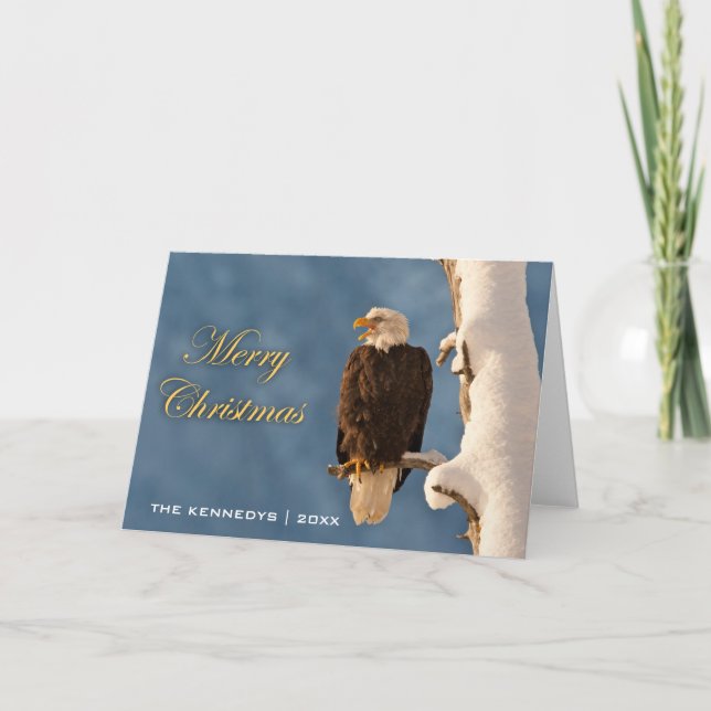 Merry Christmas - Bald Eagle Perching Holiday Card (Front)