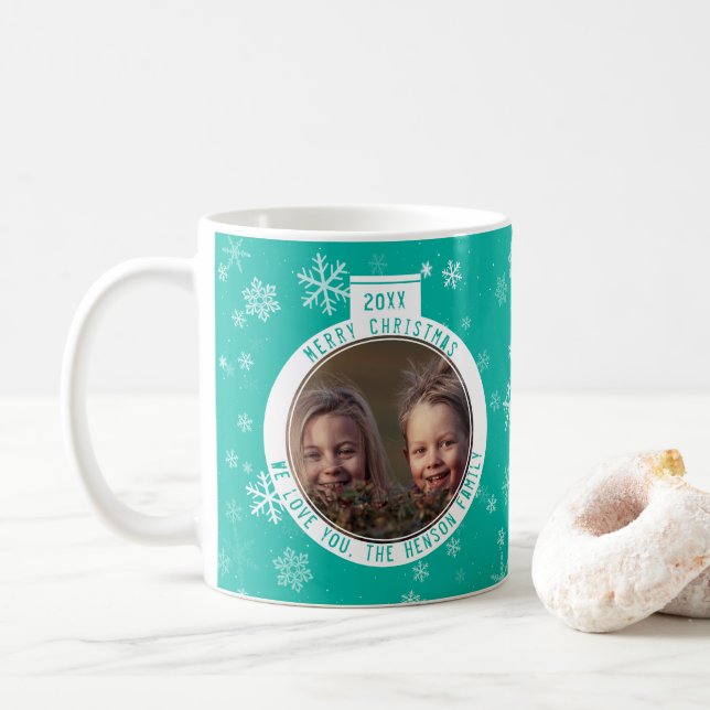 Merry Christmas Ball Green Snowflake Holiday Coffee Mug (With Donut)