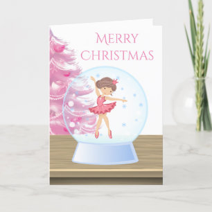 Merry Christmas Ballerina Snow Globe Pink, White  Holiday Card