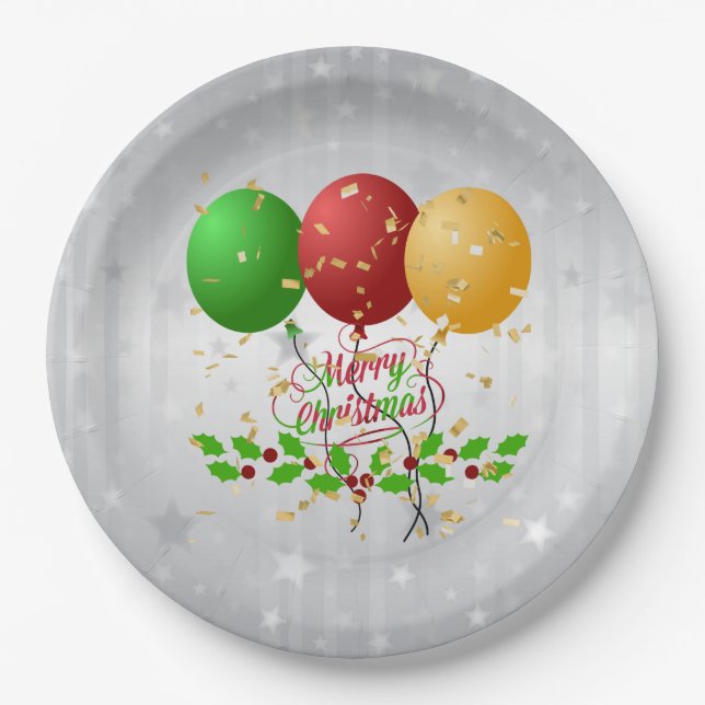 Merry Christmas Balloons and Confetti Paper Plate (Front)