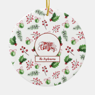 Merry Christmas Balls Holly Berries Pine Monogram Ceramic Ornament