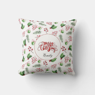 Merry Christmas Balls Holly Berries Pine Monogram Cushion