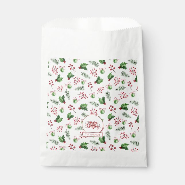 Merry Christmas Balls Holly Berries Pine Monogram Favour Bag (Front)