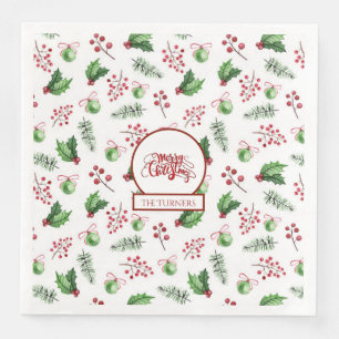 Merry Christmas Balls Holly Berries Pine Monogram Napkin