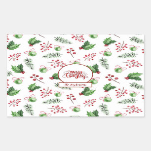 Merry Christmas Balls Holly Berries Pine Monogram Rectangular Sticker