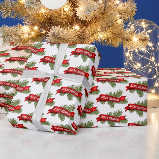 Merry Christmas Banner On Pine Wrapping Paper (Holidays)