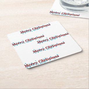 Merry Christmas banner with snowflakes and red tex Square Paper Coaster