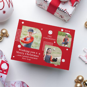 Merry Christmas Baseball Sport 3 Photo Family Name