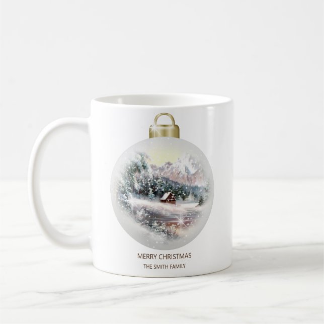 Merry Christmas Bauble Ornament Mountain Snow Coffee Mug (Left)