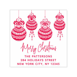 Merry Christmas Baubles Family Name Return Address Self-inking Stamp
