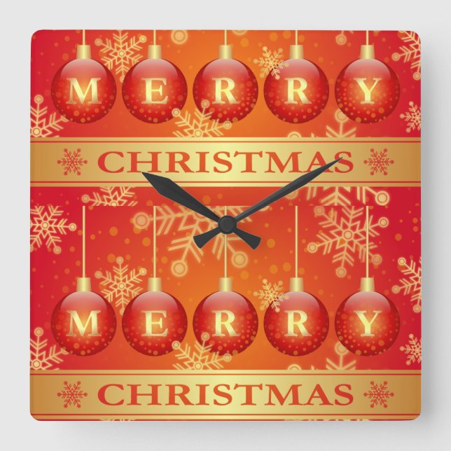 Merry Christmas Baubles Red Gold Ornaments Square Wall Clock (Front)