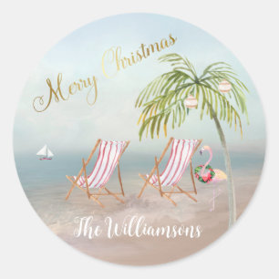 Merry Christmas Beach Flamingo Wreath Unique  Classic Round Sticker