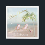 Merry Christmas Beach Flamingo Wreath Unique   Napkin<br><div class="desc">Merry Christmas on this lovely Watercolor Beach -- peaceful and gentle scene with two beach chairs -- friendly flamingo with lovely wreath -- Palm tree with a few ornaments.   Any design questions,  just send an email to charmdesignstudio@rcn.com and we'll be delighted to assist.</div>