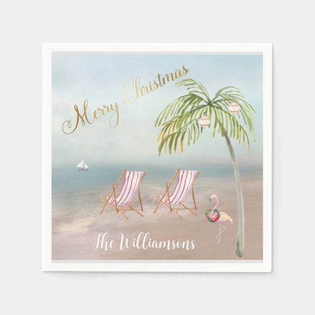 Merry Christmas Beach Flamingo Wreath Unique   Napkin (Front)