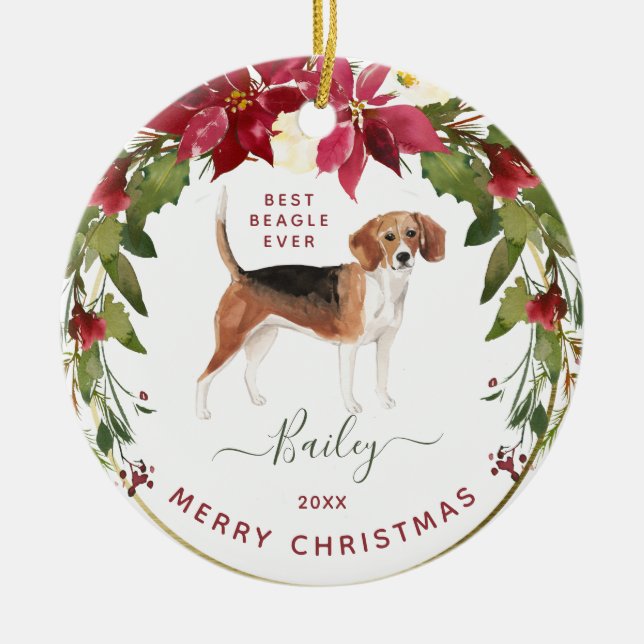 Merry Christmas Beagle | Add Your Dog's Photo Ceramic Ornament (Front)