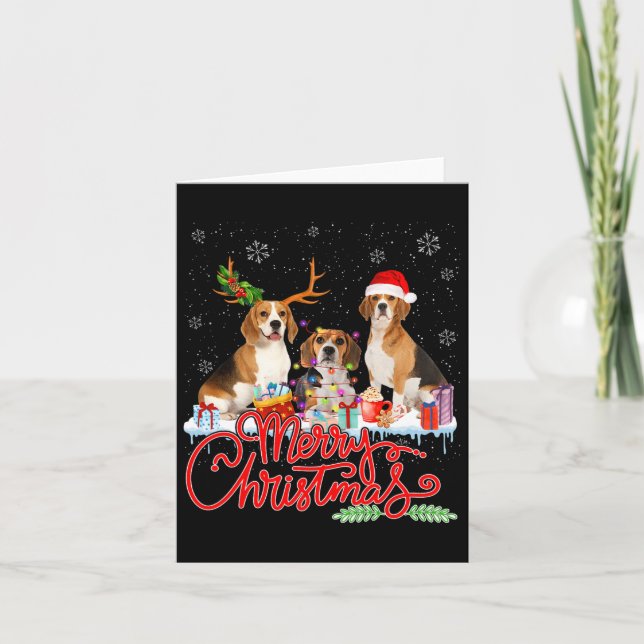 Merry Christmas Beagle Dog Santa Reindeer Light Xm Card (Front)