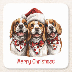 Merry Christmas Beagle Dogs Square Paper Coaster