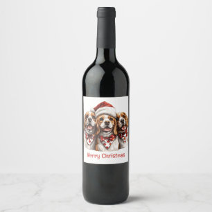 Merry Christmas Beagle Dogs Wine Label