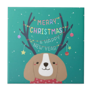 Merry Christmas: Beagle Illustration Art Ceramic Tile