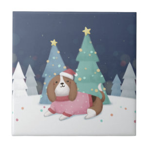 Merry Christmas: Beagle Illustration Art Ceramic Tile