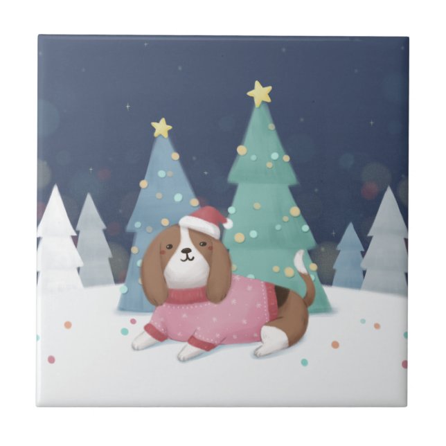 Merry Christmas: Beagle Illustration Art Ceramic Tile (Front)
