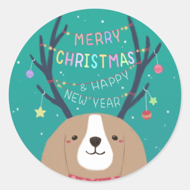 Merry Christmas: Beagle Illustration Art Classic Round Sticker (Front)