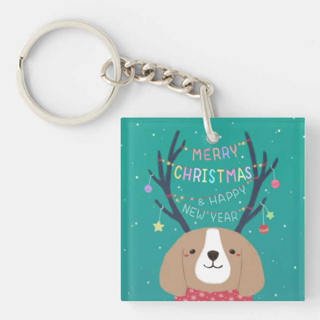Merry Christmas: Beagle Illustration Art Key Ring (Front)