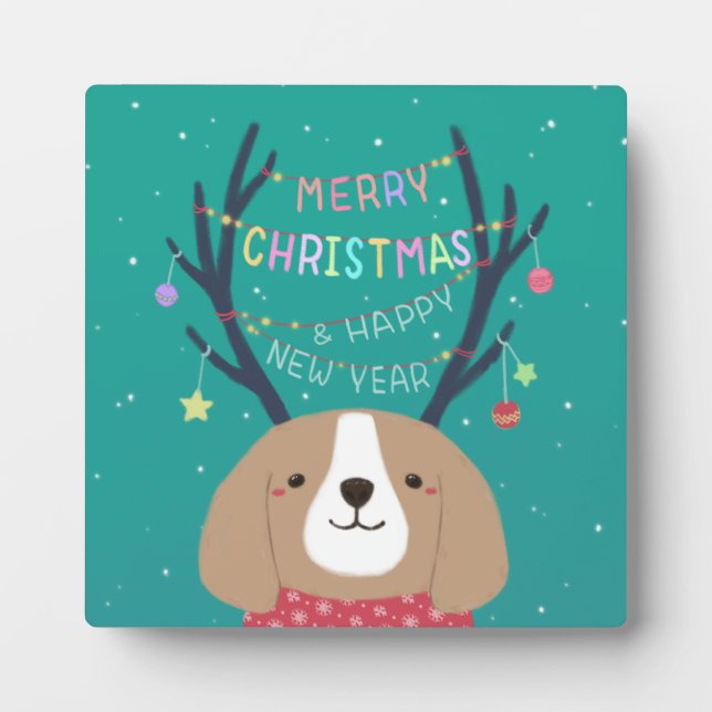 Merry Christmas: Beagle Illustration Art Plaque (Front)